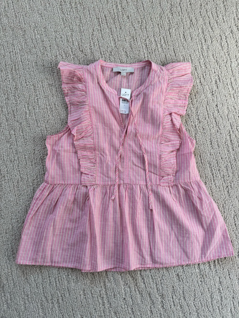 LOFT Pink and White Striped Ruffle Peplum Blouse, NWT, size small